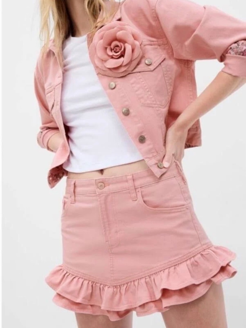 Gap x LoveShackFancy Pink Denim Ruffle Jacket